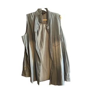 Women’s Denim open shoulder, long sleeve, button down shirt.